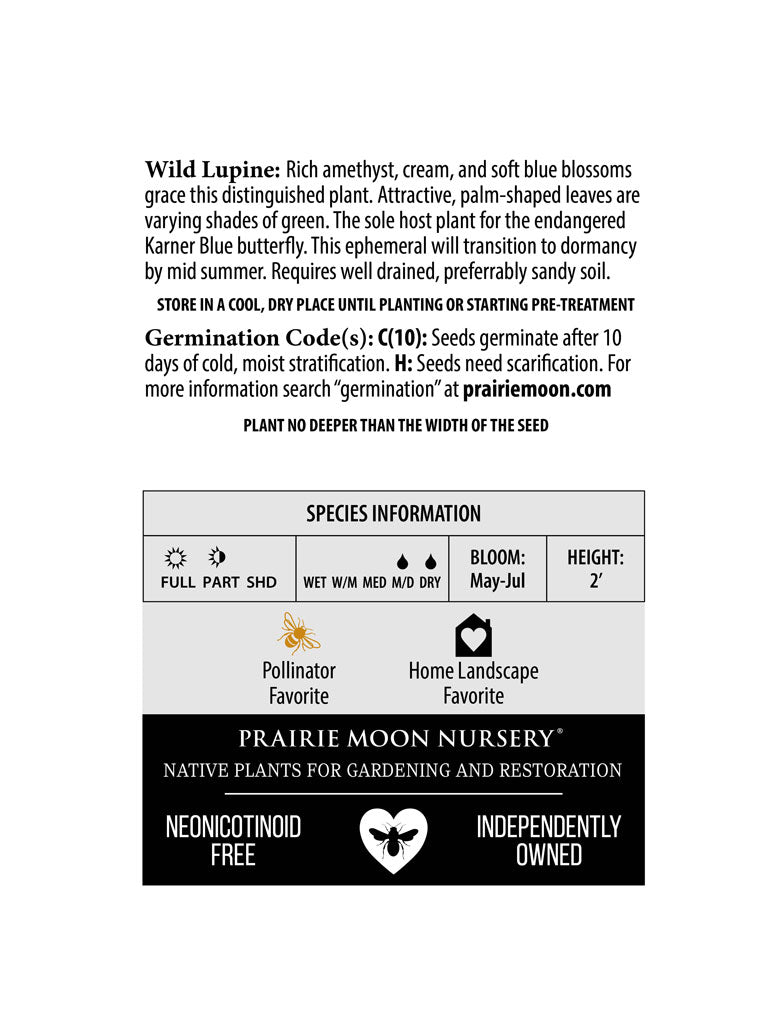 Sundial Lupine (Lupinus perennis subsp. perennis) Seeds - Prairie Moon Nursery (L2L)