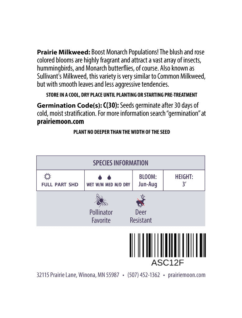 Prairie Milkweed (Asclepias sullivantii) Seeds -Prairie Moon Nursery (L2L)