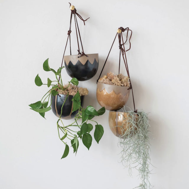 Hanging Pot - Stoneware w Leather Rope - Asst Ochre & Black - 6.75in