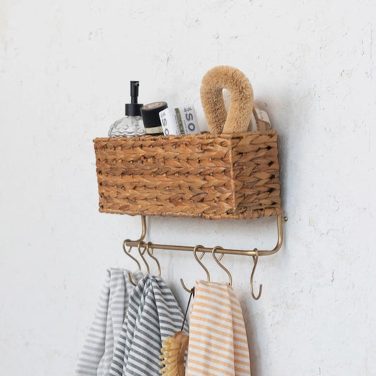 Hand-woven Straw & Metal Wall Basket with Hooks