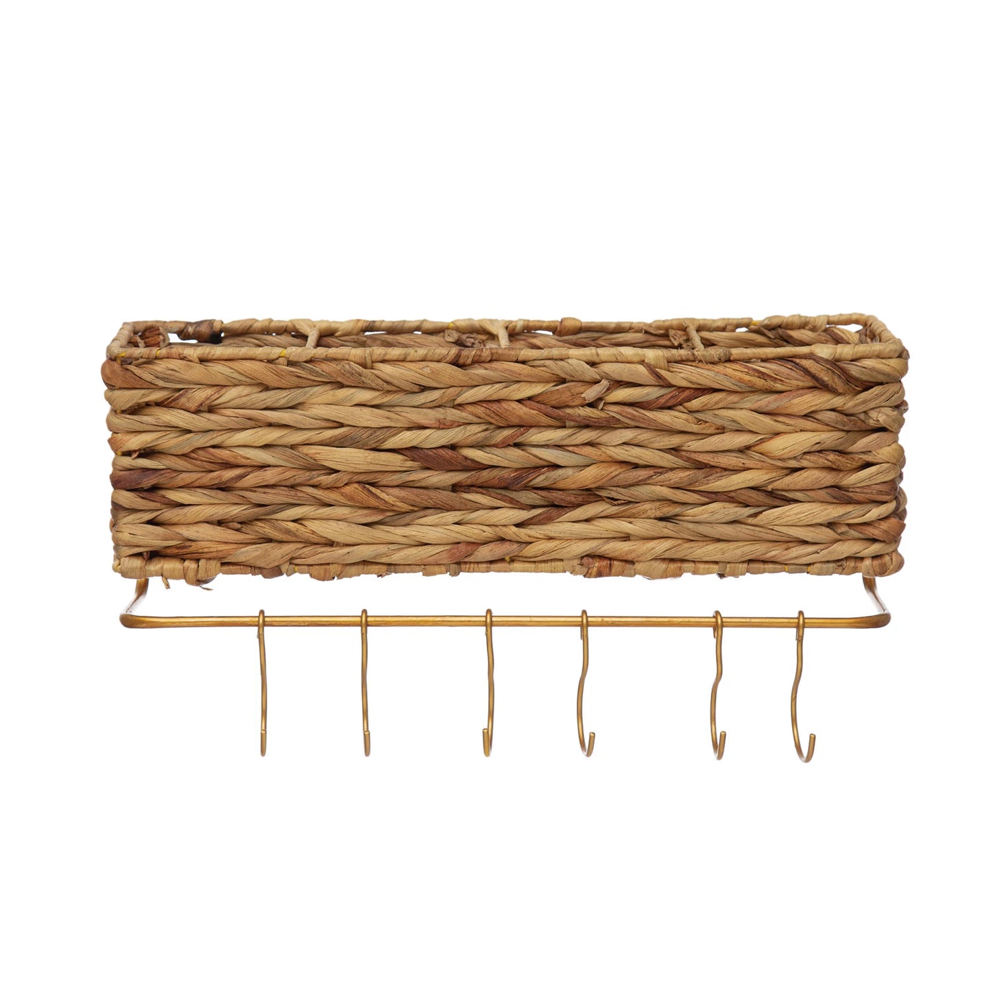 Hand-woven Straw & Metal Wall Basket with Hooks