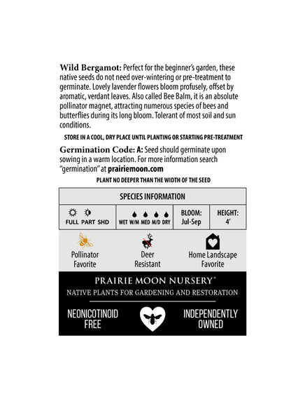 Wild Bergamot (Monarda fistulosa) Seeds - Prairie Moon Nursery (L2L)
