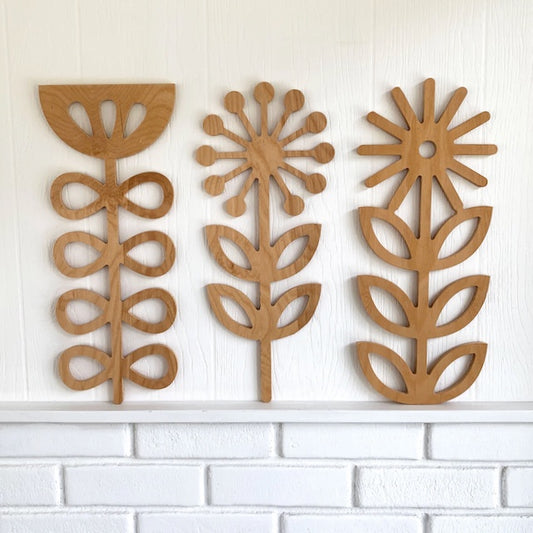 Large Wooden Scandinavian Wall Hangings - Folk Art Flowers