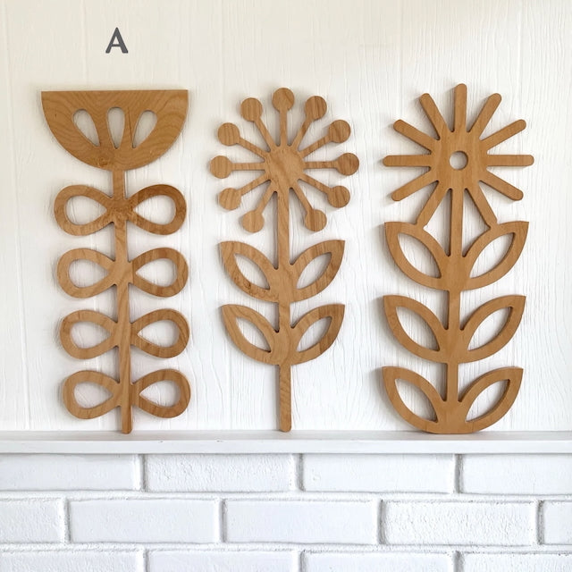 Large Wooden Scandinavian Wall Hangings - Folk Art Flowers