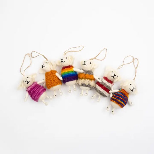 Felted Sheep Ornaments wearing assorted Knit Sweater styles
