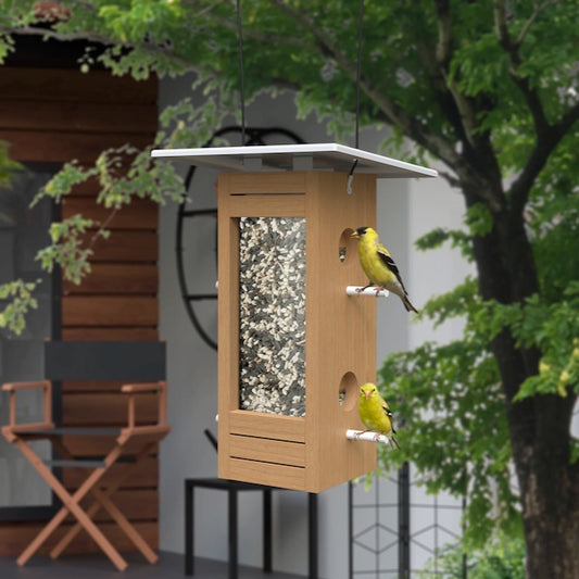 Bird Feeder - Nordic Tall Hopper - 1lb Capacity - Teak Finish w White Metal Roof