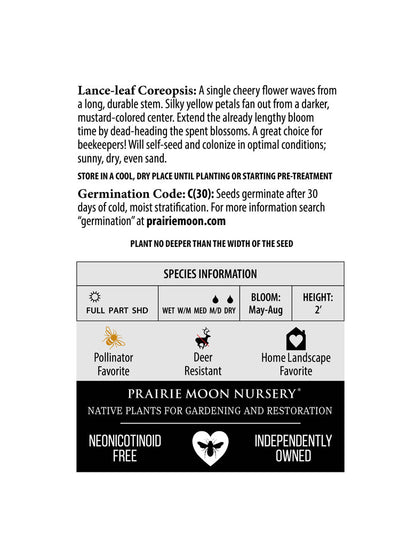Lanceleaf Coreopsis (Coreopsis lanceolata) Seeds - Prairie Moon Nursery (L2L)
