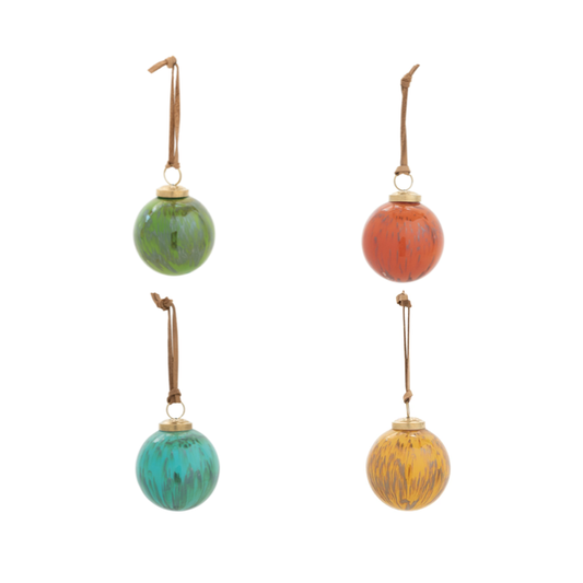 Hand Marbled Glass Ball Ornament - 3in - with Leather Hanger